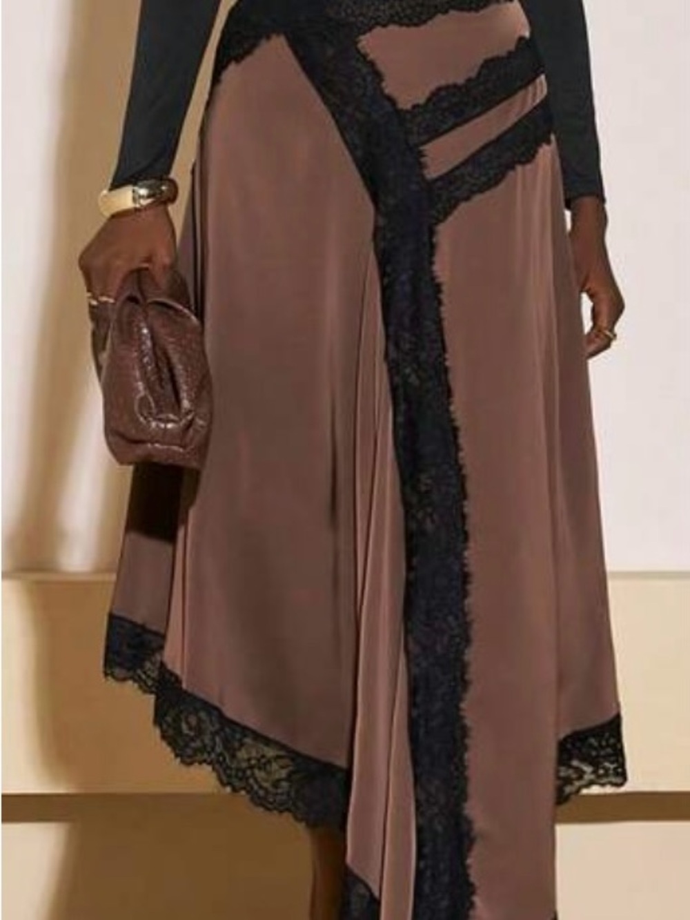 Brown Lace-Trim Asymmetric Women’s Skirt